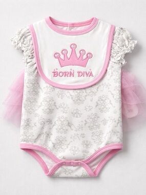 Baby Mode Born Diva Pink Trim Baby Onesie with Crown Bib 6-9 months NWT